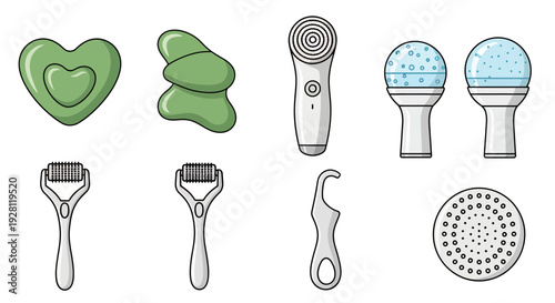 Collection of skincare tools including jade gua sha stones, electric cleansing brush, dermaroller and ice globes, concept for professional facial treatment, spa routine and skin care marketing