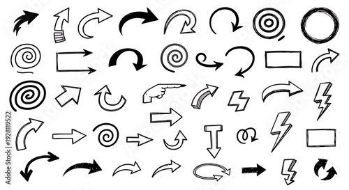 Large collection of hand drawn black doodle arrows and circular swirl shapes isolated on white, concept for graphic design elements, business presentations and creative visual storytelling