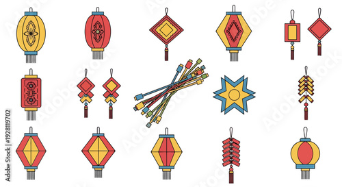 Various traditional Chinese New Year lanterns and firecrackers illustrations with minimalist design on white background, concept for lunar festival, holiday decor and asian cultural graphics