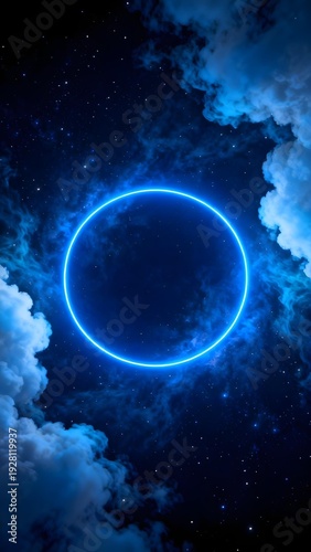 A glowing blue ring floats in a starry night sky surrounded by clouds.