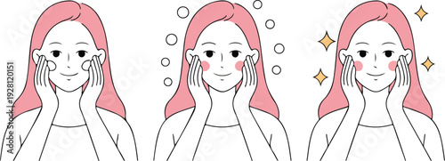 Woman Facial Skincare Routine Sequence Vector Illustration Showing Cleansing Massage and Glowing Healthy Skin Minimal Flat Style