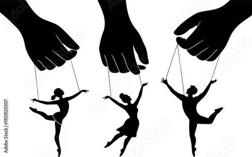 Puppet Master Silhouette Illustration Controlling Human Marionettes with Strings Symbolizing Manipulation Power and Dominance Concept Art Vector Graphic
