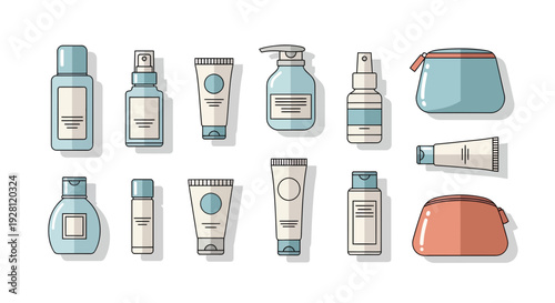 Collection of skincare cosmetic bottles and toiletry bags in flat design style on white background, concept for beauty product branding, travel kit packaging and spa advertising