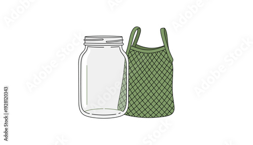 Reusable mesh produce bag and glass jar for eco friendly storage