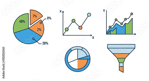 Set of colorful data visualization infographics including pie charts, line graphs and sales funnel elements on white, concept for financial reporting, marketing analytics and growth strategy