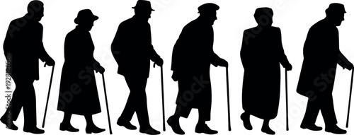 Aging Process Silhouette Illustration of Elderly People Walking with Cane Senior Men and Women Health and Growth Vector Art
