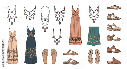 hand drawn bohemian fashion collection with maxi dresses ethnic necklaces and summer sandals on white background, concept for fashion catalog, boutique branding and apparel illustration