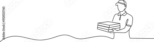 A cheerful delivery man holds a stack of pizza boxes in continuous line art.