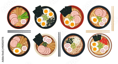 Assorted Ramen Bowls with Various Toppings.