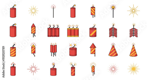 Set of various red firecracker and firework vector icons with lit fuses isolated on white, concept for lunar new year celebration, festive event design and holiday party marketing