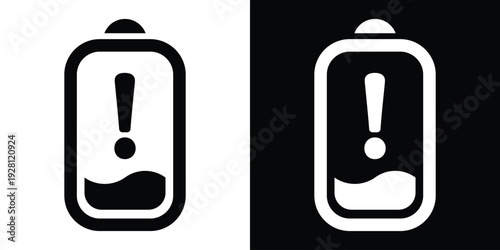 Minimalist low battery icon featuring an exclamation mark and wave level. Vector flat design in black and white for power warning, low energy, and device maintenance status.