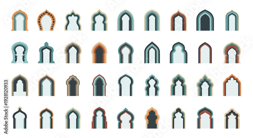 Minimalist set of colorful islamic arch window frames with moroccan and arabic architectural shapes on white background, concept for ramadan greeting, islamic pattern and cultural decor