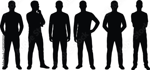 Silhouette collection of six standing human figures in different poses, body language illustration concept showing posture variation, gesture design, and expressive stance