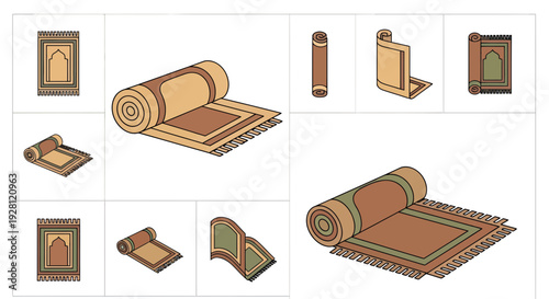 Collection of traditional prayer rug icons in various isometric and flat view positions on white background, concept for religious education, islamic website and ramadan graphic design