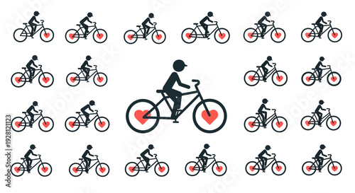Collection of minimalist icons showing professional commuters riding bicycles with heart symbols in wheels, concept for healthy lifestyle, eco transportation and sustainable wellness