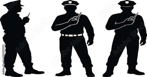 Silhouette of police officers in uniform holding walkie-talkies, law enforcement communication teamwork security concept illustration for safety and public protection design