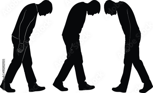 Silhouette sequence of slouched human posture, leaning forward body language illustration concept showing emotional expression, movement variation, and physical stance design