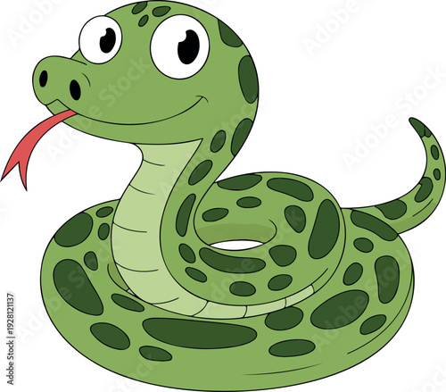 Cute Cartoon Green Snake with Dark Spots Smiling Tongue Out Playful Reptile Illustration for Children’s Educational Projects