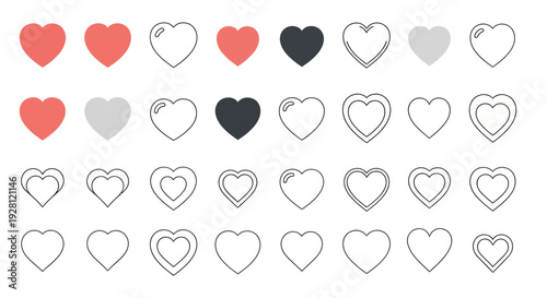 Set of various heart icon styles featuring solid red and minimalist outline shapes on white background, concept for user interface design, valentine cards and social media engagement