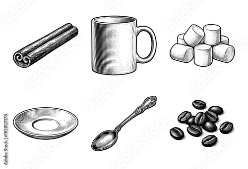 Vintage engraving style collection of coffee elements featuring a ceramic mug, cinnamon sticks, marshmallows, saucer, spoon, and roasted coffee beans.