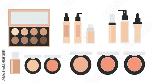 Collection of various makeup products including foundation palette bottles and powder compacts isolated on white, concept for beauty marketing, skincare branding and professional advertising