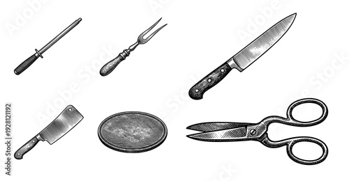 Vintage style engraving illustration of butcher and kitchen tools collection featuring knives, cleaver, shears, and sharpening steel.