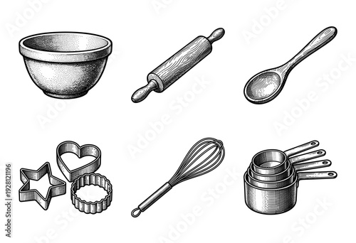Vintage style engraving collection of essential kitchen baking tools featuring mixing bowl rolling pin spoon whisk measuring cups and cookie cutters