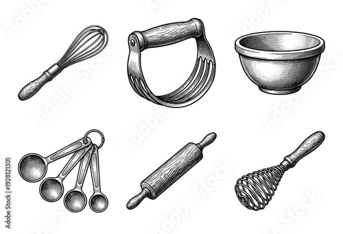 Vintage style engraving illustration of essential kitchen baking tools including whisks, rolling pin, pastry blender, measuring spoons, and mixing bowl.