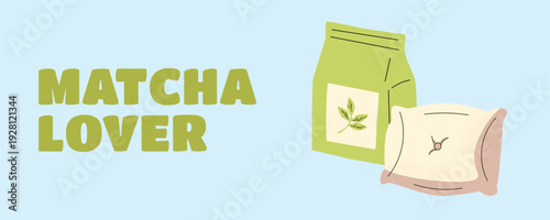Matcha Lover banner poster with matcha tea package and tea ceremony cushion, minimalist green tea concept