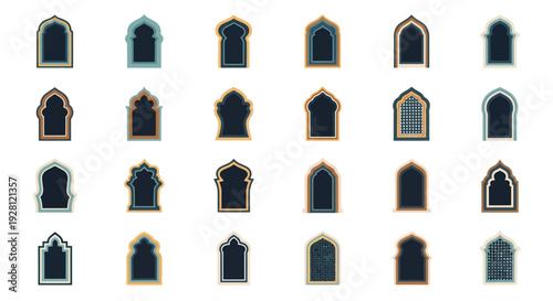 Collection of various Islamic arched frame border shapes with traditional patterns and oriental colors on white background, concept for Ramadan greeting cards, mosque architecture and advertising