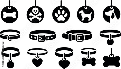 Pet Collar and Tag Vector Set with Dog Name Tags Cat ID Labels Black Silhouette Accessory Icons Clipart