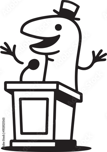 Sock puppet president speech podium tiny arms wave, whimsical politics outline.