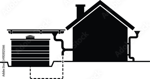 Rainwater harvesting system diagram, sustainable water collection, eco‑friendly house, storage tank, roof gutters, conservation, irrigation, non‑potable water use