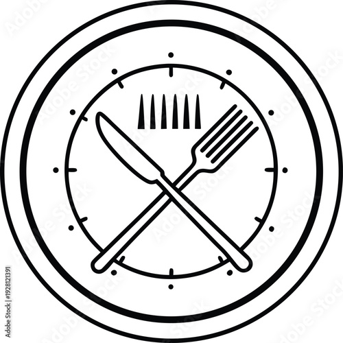 Business lunch icon knife fork and plate with clock an white background.eps