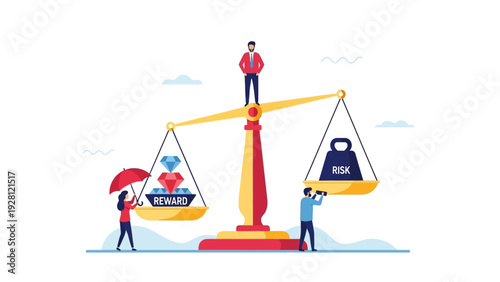 Business people balancing risk and reward on a giant scale in modern flat illustration symbolizing financial decision and investment strategy