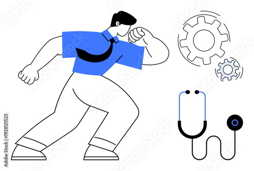 Healthcare innovation, teamwork, industry growth, medical solutions, management efficiency, professional services. Stylized figure with gears and stethoscope. Healthcare innovation and teamwork