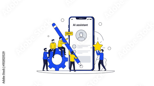 Collaborative team customizing and refining an AI assistant on a mobile smartphone application, illustrating digital innovation and technological development
