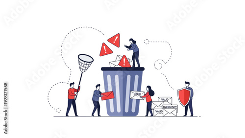 Online email management and cyber security protecting users from spam, phishing, and unwanted digital communication threats. Data hygiene illustration