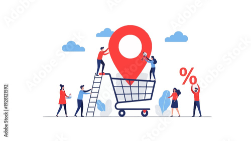 Tiny people characters working around large shopping cart with red location pin marker symbolizing store finder and local retail marketing strategy