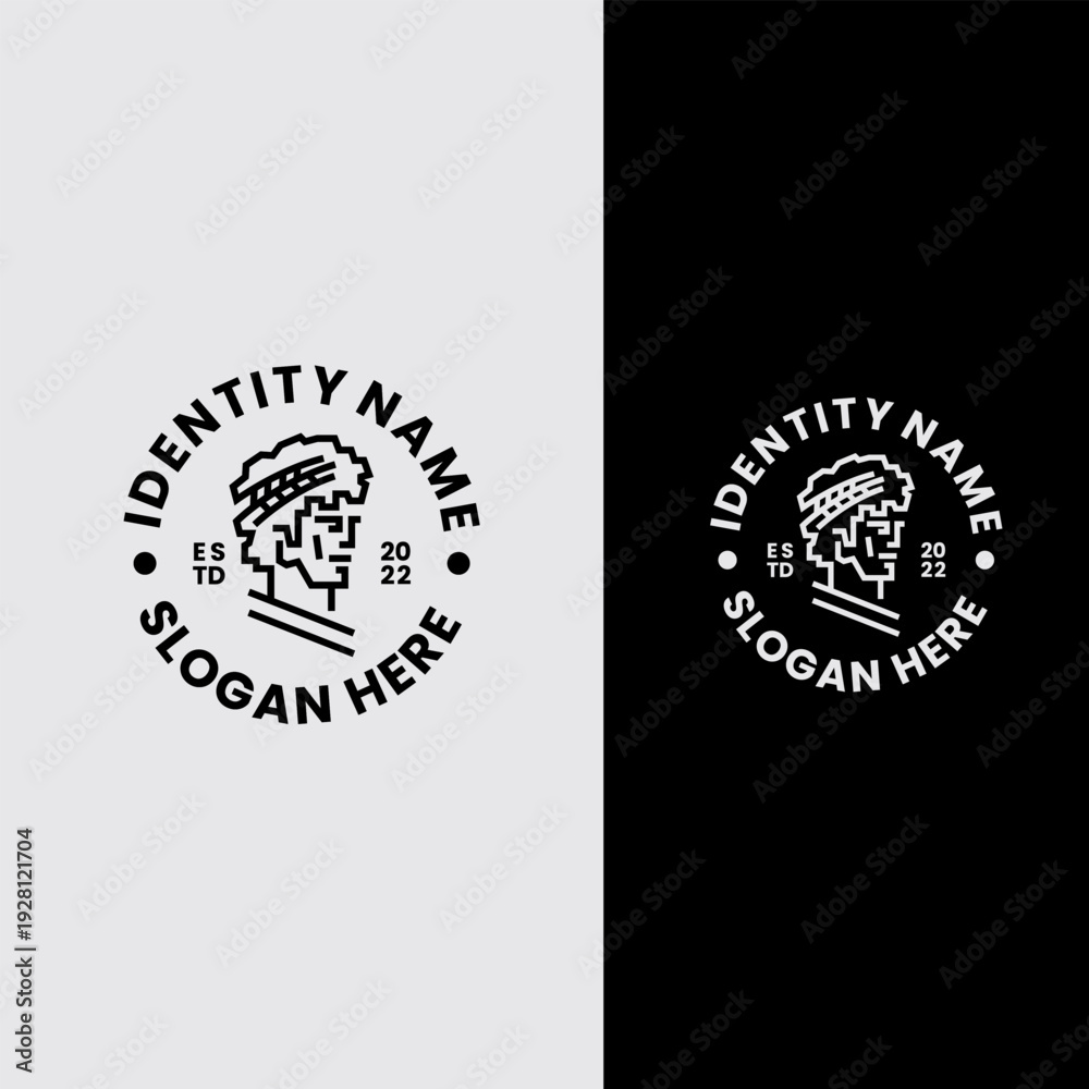 Obraz premium Roman Statue Logo Template - Monoline Emperor Face Badge with Laurel Wreath for Classic Brand