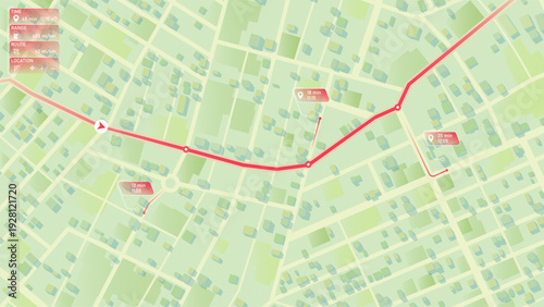 GPS Route Tracking on Green City Map with Red Path Line, Time Stamps and Navigation Pin Markers. Vector illustration