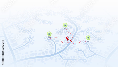 Property Search Map with Home and Building Icons Connected by Red Route to Central Location Pin. Vector illustration
