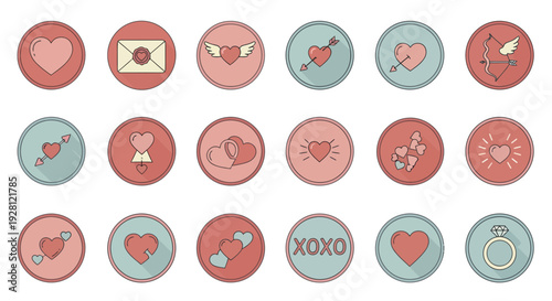 Set of flat round Valentine's Day icons featuring hearts, romantic arrows, engagement ring and love letters in pastel colors, concept for social media stories, web interface and app design