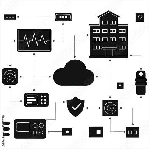 Smart hospital system with interconnected devices, cloud, and medical building.