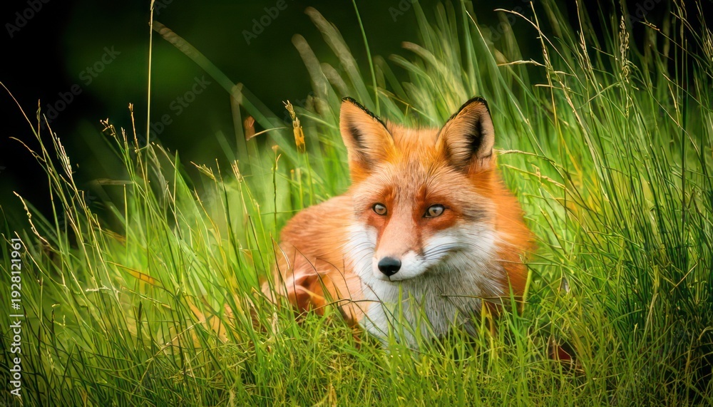 Obraz premium Red fox resting in lush green grass, a serene wildlife moment.
