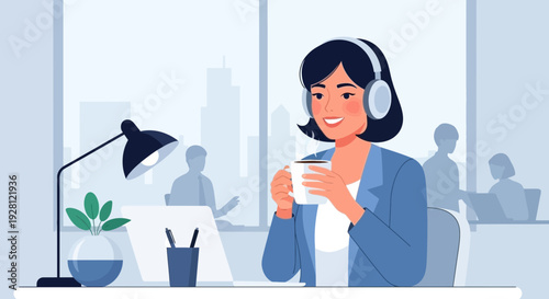Friendly female customer support representative with headset holding coffee cup in modern office workspace, flat vector illustration.
