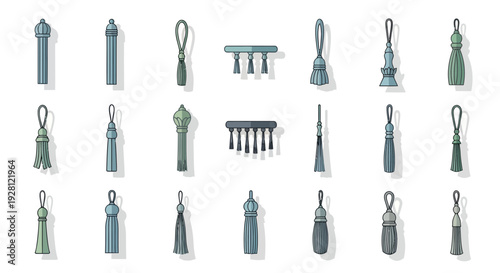 Collection of decorative curtain tassels and tieback icons in flat vector style on white background, concept for interior design catalog, home decor marketing and upholstery accessories
