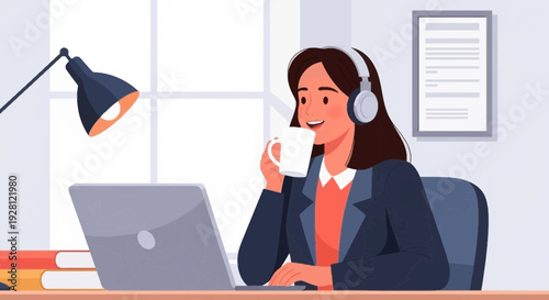 Friendly female customer support representative with headset holding coffee cup in modern office workspace, flat vector illustration.