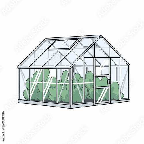 Illustration of a greenhouse full of green leafy plants with a transparent roof and walls for growing vegetables and flowers