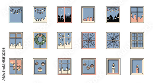 Collection of window frames with winter cityscapes Christmas decorations lights and cozy candle illustrations on white background, concept for holiday greeting cards, graphic design and web
